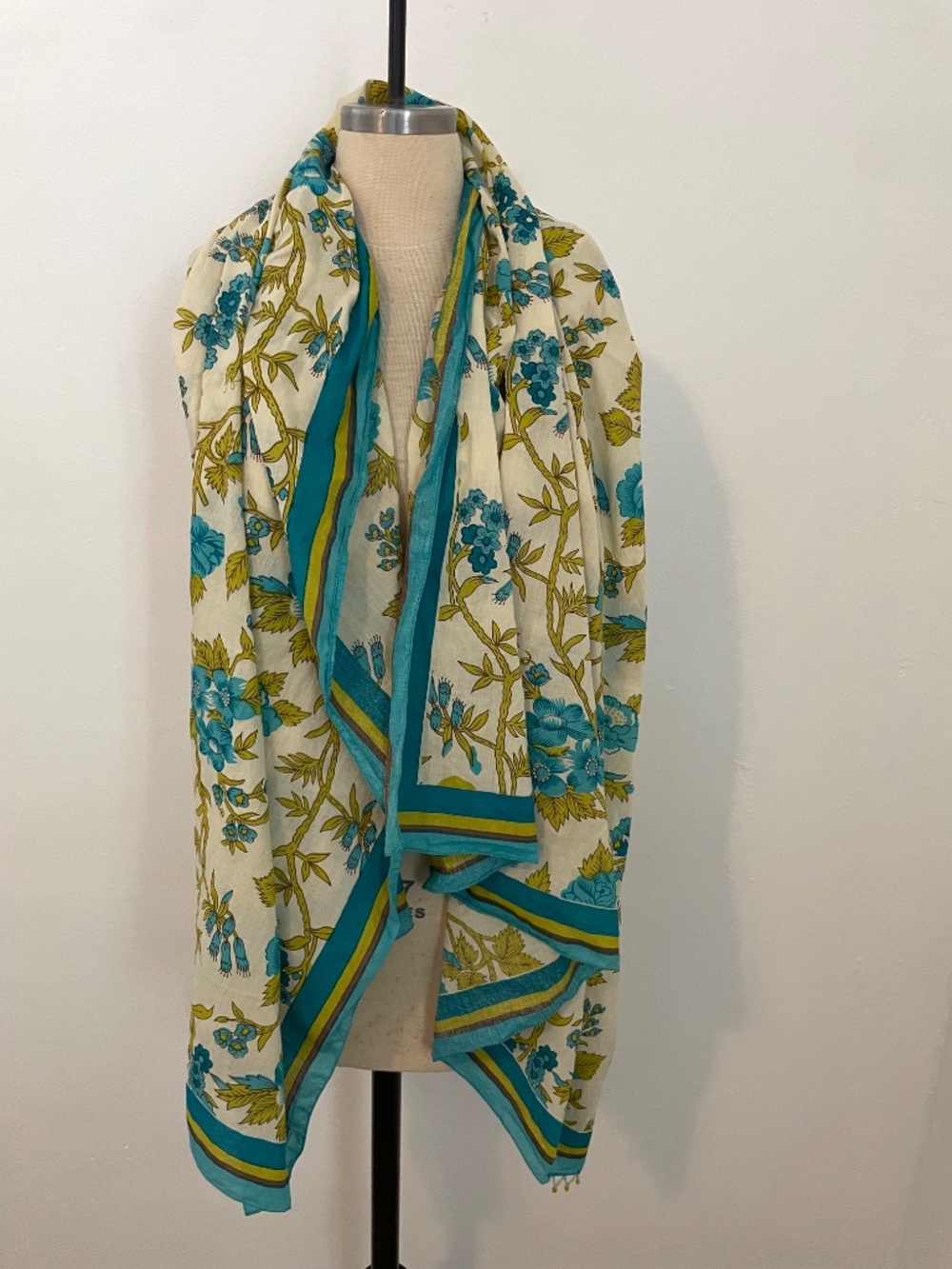 Matta Blue Green Large Floral Shawl Wrap Scarf, Blue Green, Beaded Tassel, Boho